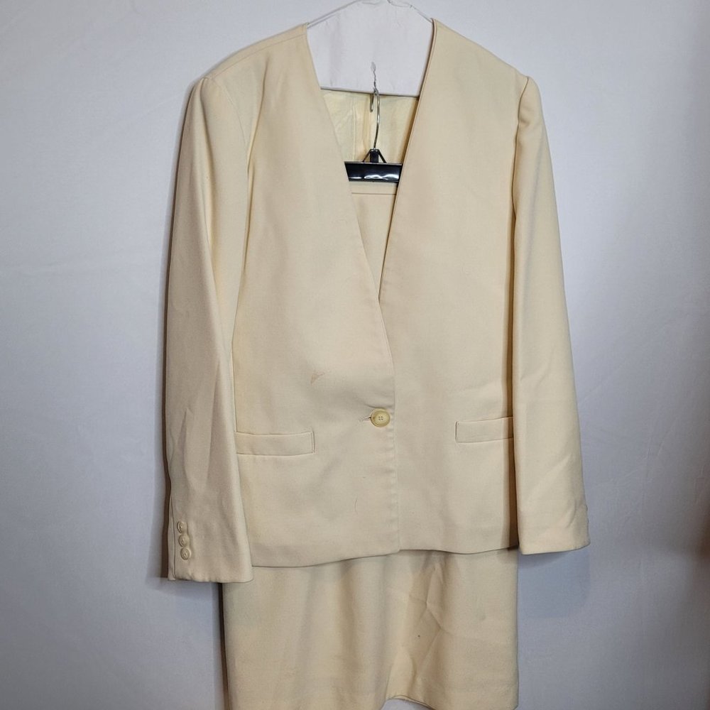 Villagio Sport Skirt Suit Jacket Zip Up Skirt Cream Beige Sz 12 Lined Dry Clean